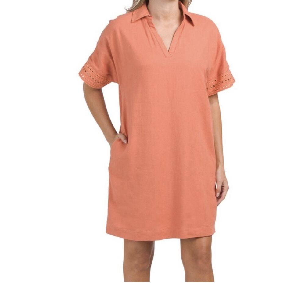 Elie Tahari Linen Rayon Shirt Dress Sunrise Orange Johnny Collar Eyelet Trim
